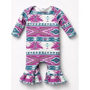Ricrac and Ruffles purple and green Aztec print one piece ruffle hem romper 12 m